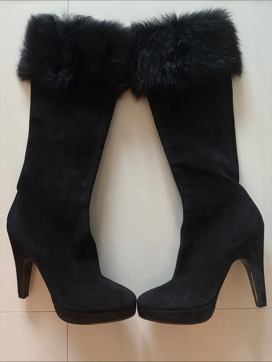 Prada Shoes - Prada Black Suede Knee-High Heeled Boots with Fur Cuff